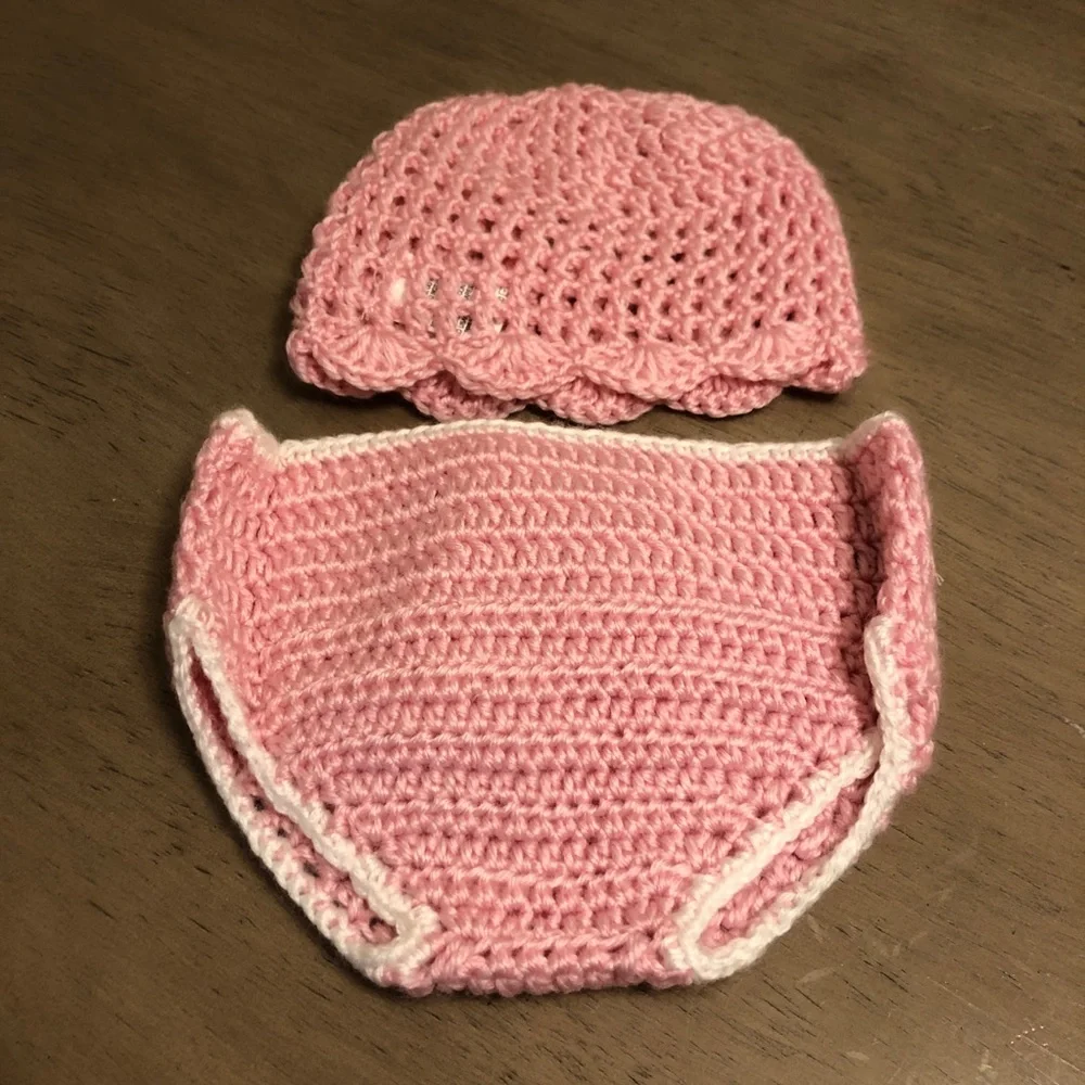 Pink Crochet Baby Hat and Diaper Cover Set